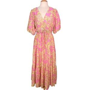 Revolve Mink Pink Laurelle Floral Midi Dress Size Large Pink Yellow Boho Indie